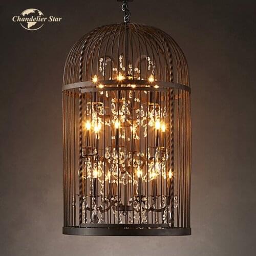 Vintage LED Chandeliers Modern Birdcage K9 Crystal Metal Rustic Black Candle Lamps Bedroom Living Room Farmhouse Lights Fixture