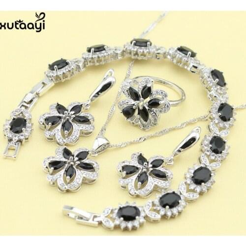 XUTAAYI 4PCS Top Quality Silver Jewelry Sets For women Black Cubic Zirconia Wedding Necklace/Rings/Earrings/Bracelet