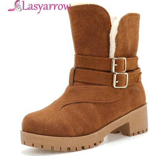 Lasyarrow Fashion Black Brown Ankle Boots High Block Heel Round Toe Black Zip Martin Boots Casual Slip-on Woman Shoes Warm Plush