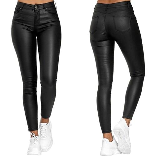 Womens PU Leather Elastic Leggings Solid Color High Waisted Stretchy Slim Pencil Pants Fashion Tight Trousers Streetwear