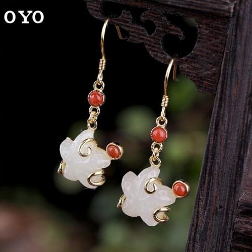 S925 sterling silver inlaid natural Hetian jade starfish earrings female temperament personalized earrings free shipping