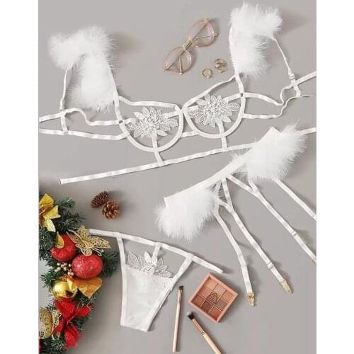 Womens Lace Hollow Out 3pcs Christmas Exotic Sets Sexy Bras+ Underwears Panties + Garters Set for Honeymoon Valentines Day