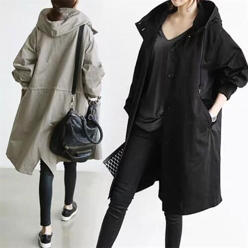 2021 Autumn Trench Coat Women Casual Long Sleeve Hooded Medium Long Female Overcoat Loose Windbreaker Coats Office Clothing