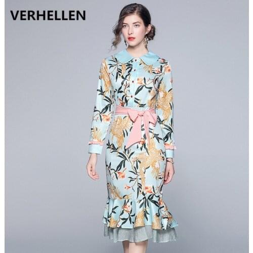 VERHELLEN High Quality Runway Dress 2020 Autumn Women Long Sleeve Floral Print Ruffles Mermaid Sheath Midi Casual Elegant Dress