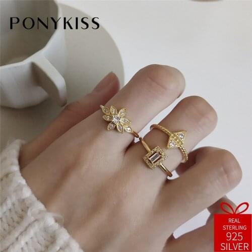 PONYKISS Trendy 100% 925 Sterling Silver Nordic Style Zircon Geometric Adjustable Opening Ring Party Women Delicate Jewelry Gift