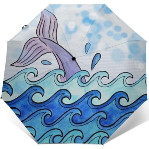 Automatic Umbrella Rain Women Three-folding Umbrella Blue Ocean Whale Tale Windproof Umbrella Female Waterproof parasol