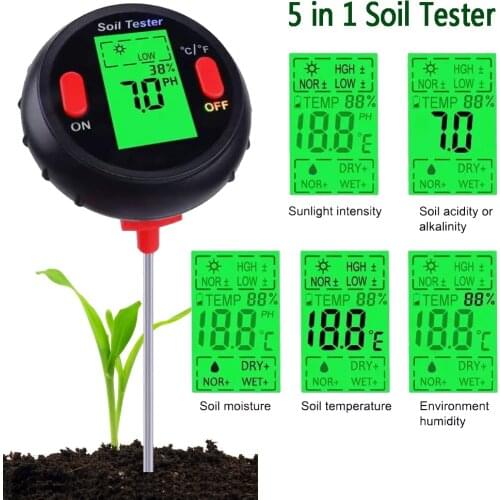 5 In1Digital Soil Testers Soil Moisture Monitor PH Hygrometer With LCD Display For Garden Farm Plant Multifunction Testing Tool