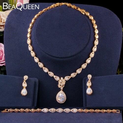 BeaQueen Classic Gold Leaf Shape Cubic Zirconia Water Drop Earrings Necklace Bracelets 3pcs Wedding Jewelry Sets for Women JS241