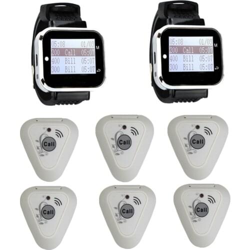 Wireless Waiter Calling System 6 Button Transmitters + 2 Wrist Watch Receiver 433.921MHz For Restaurant
