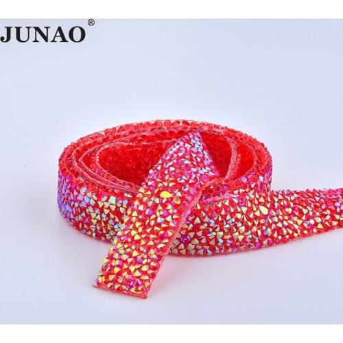 JUNAO 5 Yard*15mm Red AB Hotfix Rhinestones Chain Bridal Beads Applique Trim Resin Crystal Strass Banding Mesh For Wedding Dress