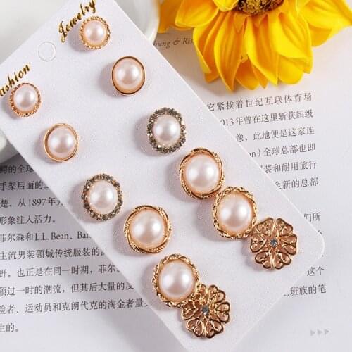 6-pair Combo Set Set Snowflake Round Inlaid Pearl Women Personality Temperament Fashion Fine Earring Girl Charm Accessories Gift