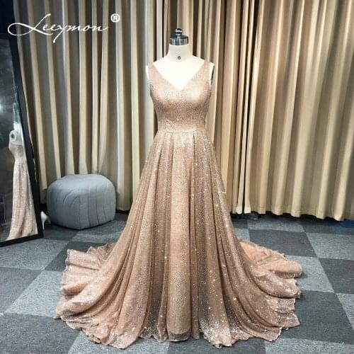 Leeymon2020 Custom Made Glitter V Neck Prom Dress Backless A-Line Sparkly Evening Dress Rose Gold Vestido de noche