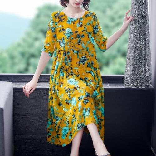 Summer Yellow Print Mulberry Silk Beach Dress 2021 Casual Vintage 4XL Plus Size Midi Dress Women Elegant Bodycon Party Vestidos