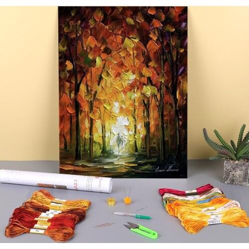 The Gold Fall Printed Canvas 11CT Cross-Stitch Set Embroidery DMC Threads Craft Painting Handmade Needlework Jewelry Floss