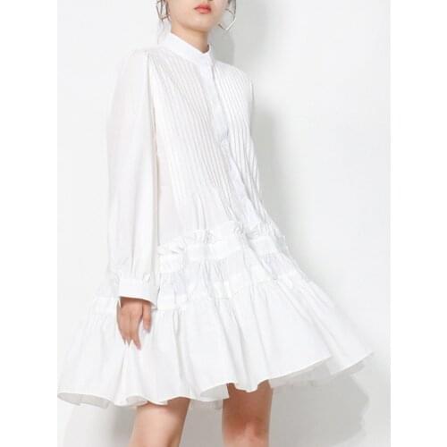 Casual Loose Dresses For Women Stand Collar Long Sleeve Female Pleated White Shirt Dress Fashion New Clothing