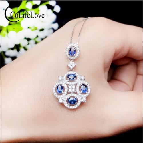 CoLife Jewelry Vintage 925 Silver Sapphire Pendant for Party Natural Sapphire Necklace Pendant Sterling Silver Sapphire Jewelry
