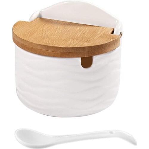 Sugar Bowl, Ceramic Sugar Bowl with Sugar Spoon and Bamboo Lid for Home and Kitchen - Modern Design, White, 8.58 FL OZ (254 ML)
