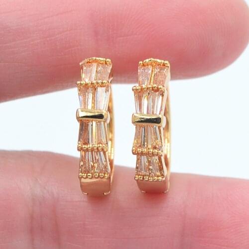 Gold Color Women Fashion Champagne Cubic Zirconia CZ Bowknot Huggie Hoop Earrings Jewelry