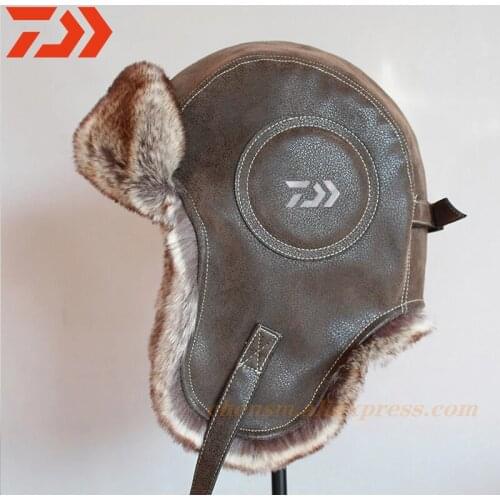 Daiwa 2021 Winter Outdoor Hat Men Womens Fishing Skiing Snowboarding Hat Faux Fur Leather Dawa Snow Cap Fleece with Ear Flaps