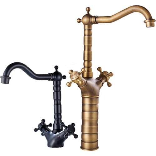 Basin Faucet Antique Brass Sink Faucet Carved Bathroom Faucet Copper Tap Rotate Single Handle Hot & Cold Water Mixer Tap Crane