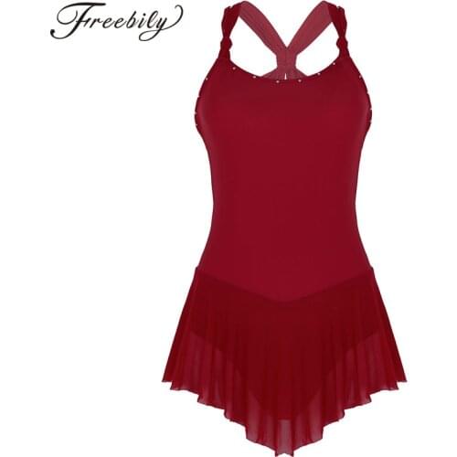 Adult Sleeveless Criss-cross Back Shiny Rhinestones Dance Wear Gymnastics Leotards Women Ballet Dress Figure Skating Costume