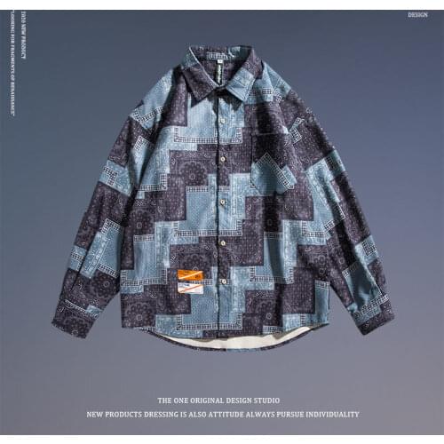 Spring American fashion cashew flower shirt male long sleeve loose couple tooling shirt Joker casual coat