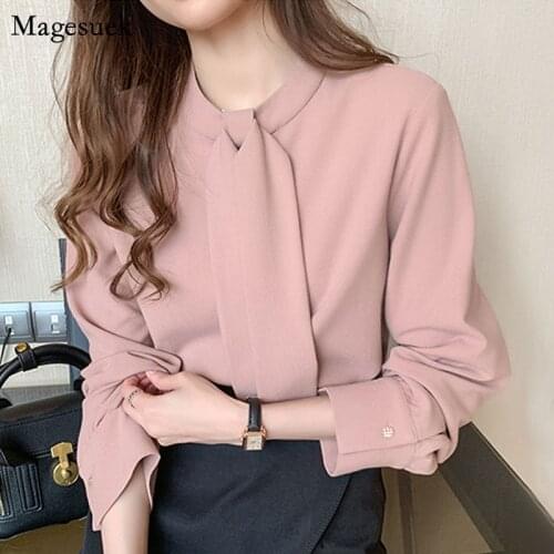 Spring Office Lady Gentle Womens Blouses New Loose Pink Women Tops and Shirt with Tie Slim Long Sleeve Blusas Mujer 13047