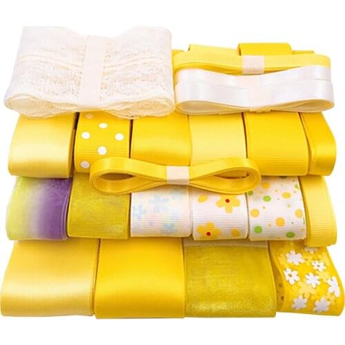High Quality,Mixed Yellow Colour Grosgrain Ribbons Set For Gift Wrapping Sewing RibbonParty Decoration BowHairAccessory Material