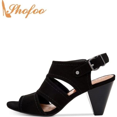 Black High Stacked Heels Sandals Peep Toe Woman Large Size 12 15 Ladies Fashion Buckle Ankle Strap Mature Office Shoes Shofoo