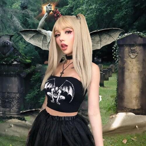 Harajuku Gothic Skull Demon Print Black Camis Punk Sexy Bodycon Crop Top Streetwear Summer Strapless Women Tops Club Wear 2021
