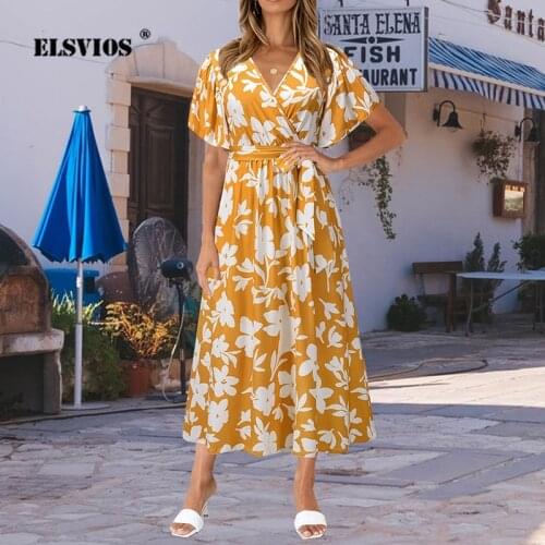 Summer V-Neck Ruffled Short Sleeve Floral Printed Women Slim-Fit Long Dress Temperament Lady High-Waist Belt Large Swing Dresses