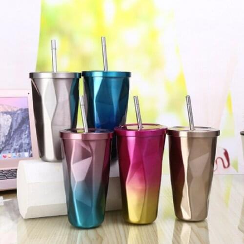 500ML Portable Stainless Steel Straw Cup Vacuum Insulated Water Bottle Leak-proof Double Wall Thermos Tumbler Cup
