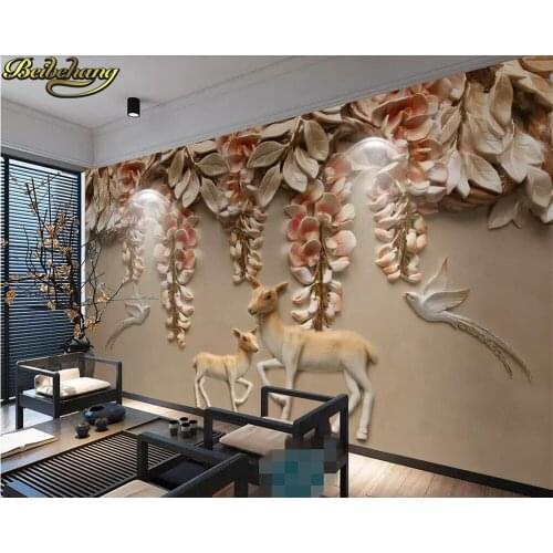 Beibehang wall papers home decor Custom wallpaper 3D three-dimensional relief elk flower bird TV sofa wall papel de parede