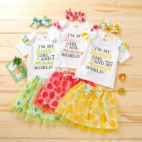 Girls baby clothes 2021 summer new letter flying sleeve T-shirt + fruit net gauze skirt + bow headband 3PCS girl suit