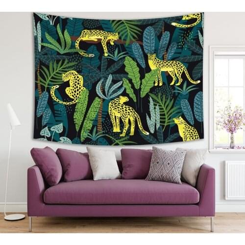 Tapestry Leopards in Tropical Forest Trees Leaves Wild Nature Exotic Jungle Night View Printed Yellow Green Black