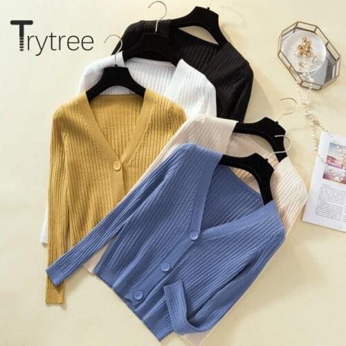 Trytree 2020 Summer Woman Casual Coat V-neck Solid 5 Color Single Breasted Fashion Elegant All-Purpose Style Sweater Coat