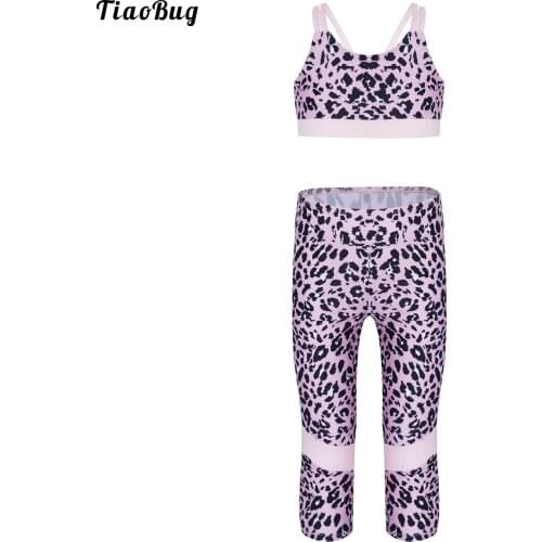TiaoBug Summer 2Pcs Kids Girls Sport Suit U Neck Spaghetti Straps Cropped Top Pants Set Sportswear For Running Gym Yoga Dance