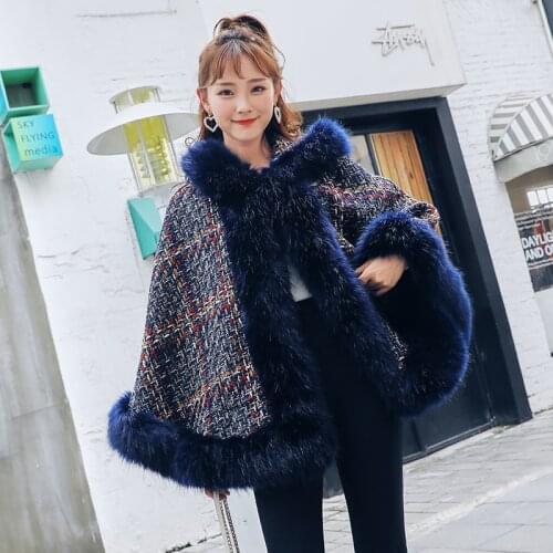 Fashion Tweed Jacket Winter Fur Collar Hooded Shawl Cloak Korean Faux Fox Fur Coat Women Woolen Casual Ponchos and Capes Female