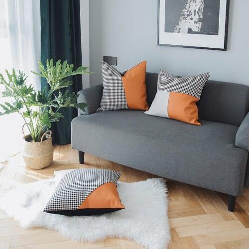 DUNXDECO Cushion Cover Decorative Pillow Case Modern Luxury Swallow Gird PU Patchwork High Quality Coussin Room Sofa Art Decor