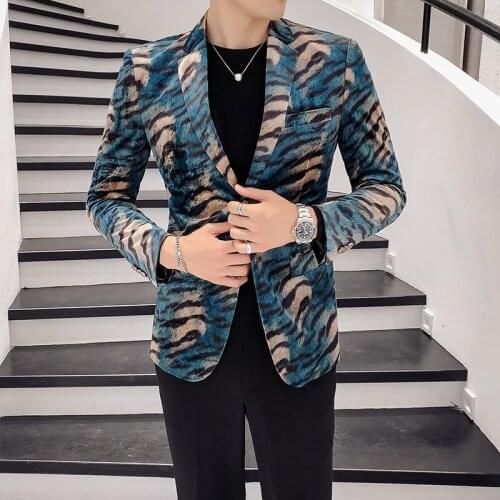 Newest Autumn mens suit jacket fashion casual slim style top Blue Leopard Men Slim Fit Print Single button high-end Blazer