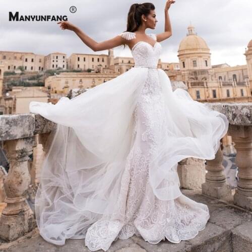 2021 New Arrival Detachable Train Illusion O-Neck Cap Sleeve Mermaid Wedding Dress Elegant Lace Up Back 2 IN 1 Bridal Gown