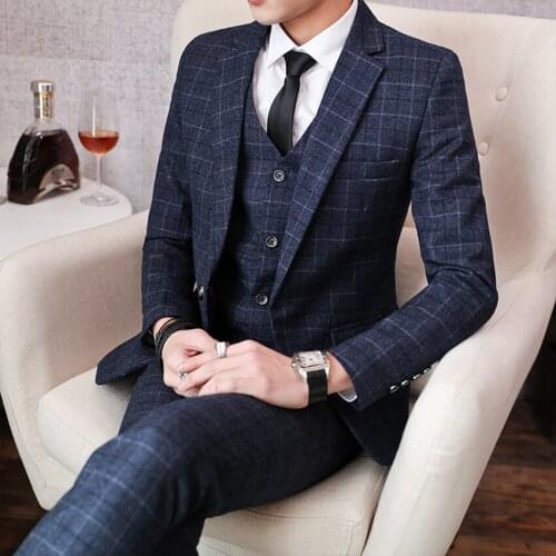 Promotion Navy Blue Check Groom Tuxedos Notched Lapel Groomsman Suit Custom Made Wedding suit Bespoke Suit