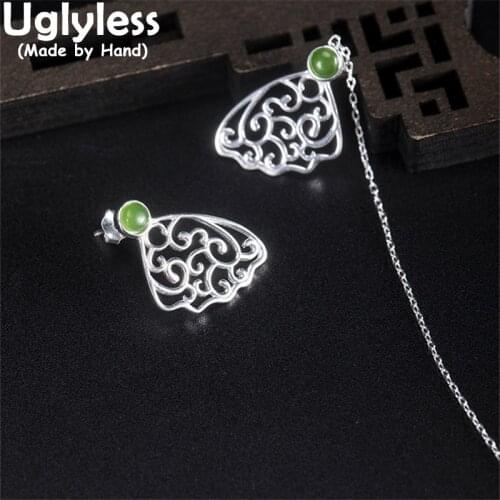 Uglyless Asymmetric Design Hollow Butterfly Wings Earrings for Women Natural Jasper Brincos 925 Silver Long Ear Lines Insects
