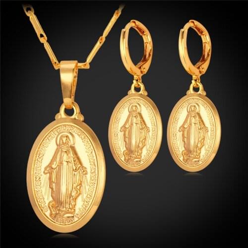 Kpop Mother Mary Vintage Pendant Necklace Drop Earrings Set For Women Gold/Silver Color Classic Cross Mary Jewelry Sets PE148