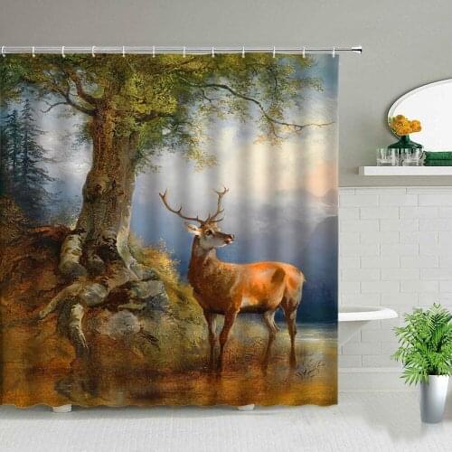 Deer Shower Curtain Elk Animal Printing Bathroom Decor Waterproof Fabric Bathroom Screen Background Wall Decor Bath Curtains