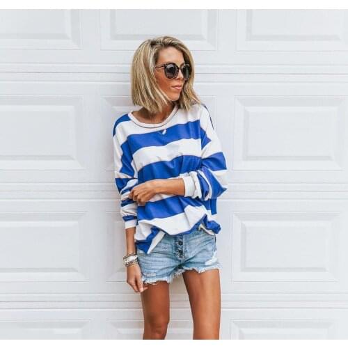 2021 New Women Autumn Casual Loose O-Neck Splice Stripe Print T-Shirt Fashion Long Sleeve Tops Ladies Streetwear Pullover Tee