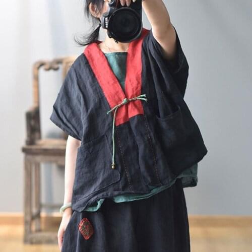 Johnature Summer Chinese Style Shirts For Women Patchwork Vintage Blouses Button Linen Tops 2021 New Japan Style V-Neck Shirts