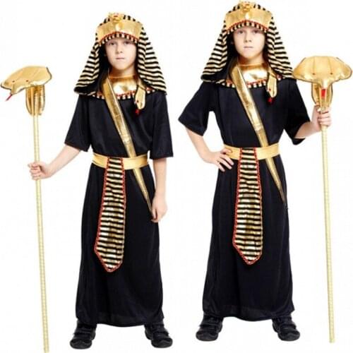 M-XL Kid Boys Black The Egyptian Pharaoh robe Cosplay Halloween Costume for Childrens day Carnival Purim Masquerade party dress