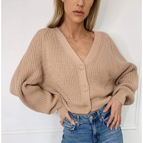 2020 New Casual Loose V-neck Knitting Sweater Women Long Sleeves Buttons Solid Color Pullover Sweater Cardigan Sweaters Mujer