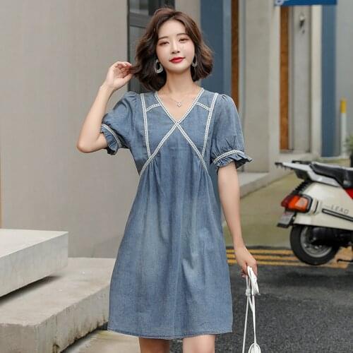 New Summer Style Women Dresses Casual V-Neck Short Puff Sleeve Patchwork Slim Pockets Jeans For Females Slim Denim One-Piece